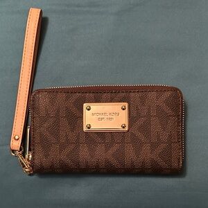 Michael Kors Chocolate Wristlet with Gold Accents